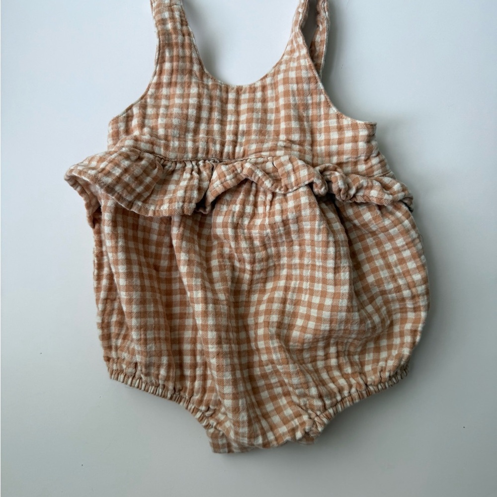 Kate Quinn Tan and White Gingham Kids One Piece